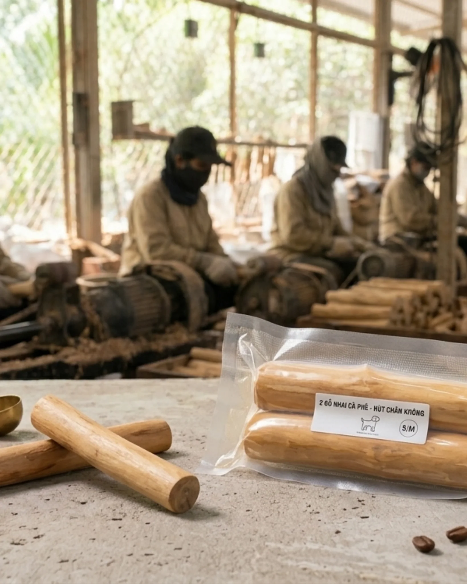 Coffee wood chew sticks in a retail pack with a printed label