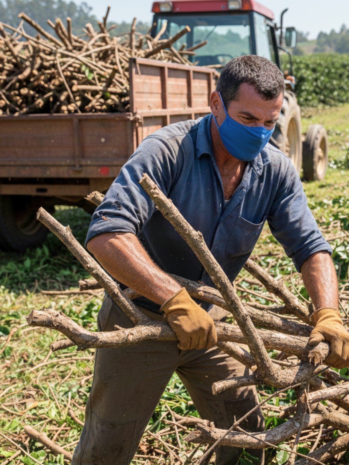 Worker lifting an armful of cut coffee stems onto a tractor trailer at the edge of a plantation