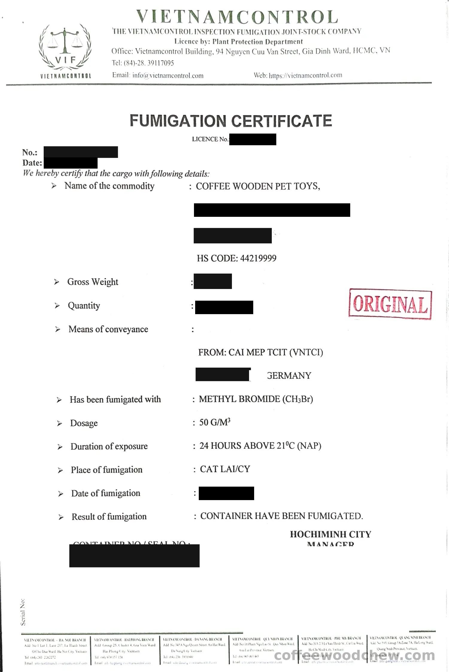 Fumigation certificate declaring coffee wooden pet toys under HS 44219999.