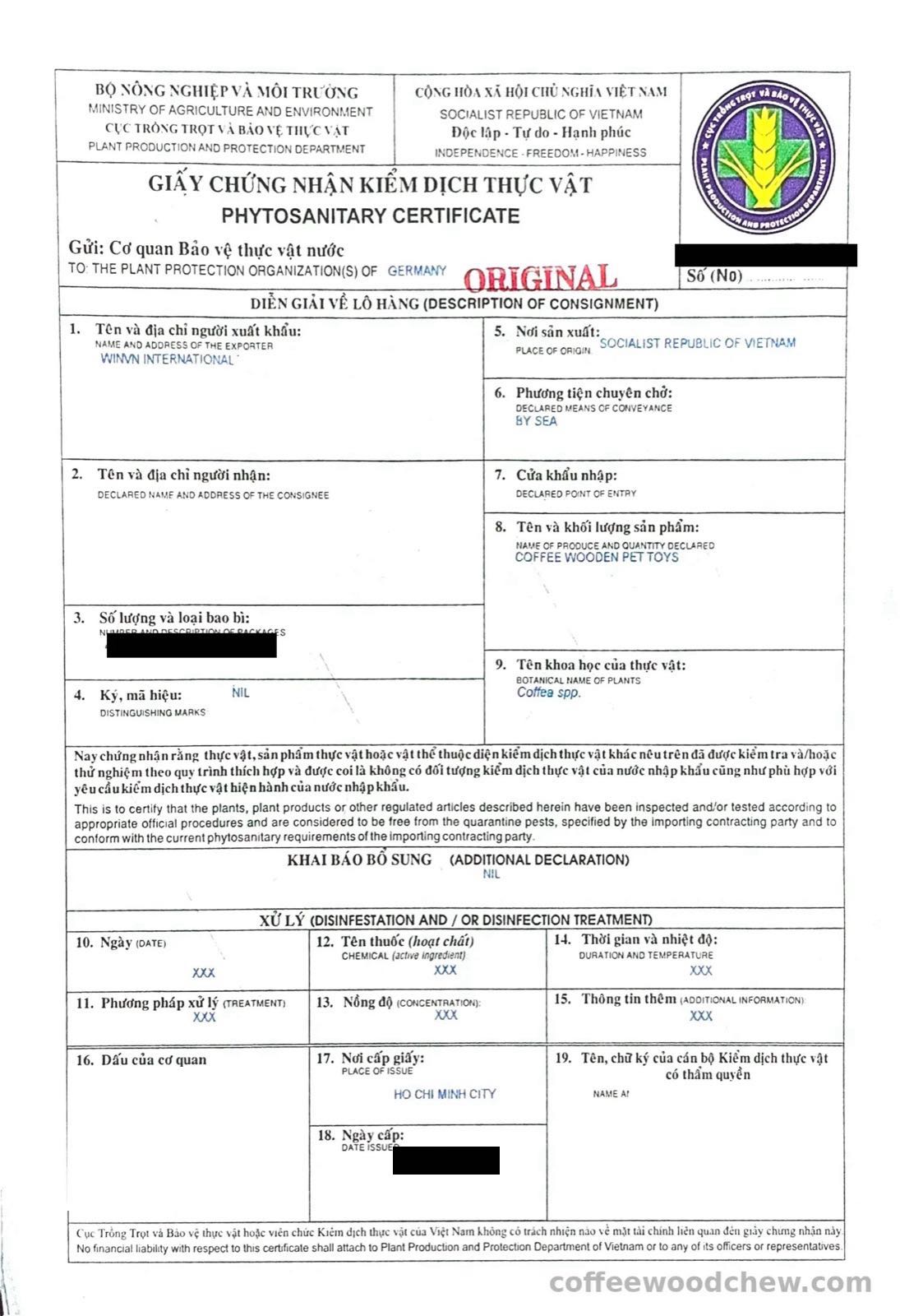 Phytosanitary certificate declaring coffee wooden pet toys, botanical name Coffea spp.