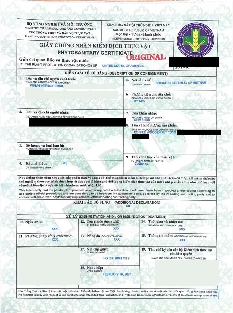 Phytosanitary certificate issued for a coffee wood dog chew shipment to the United States, botanical name Coffea sp., treatment fields marked XXX.