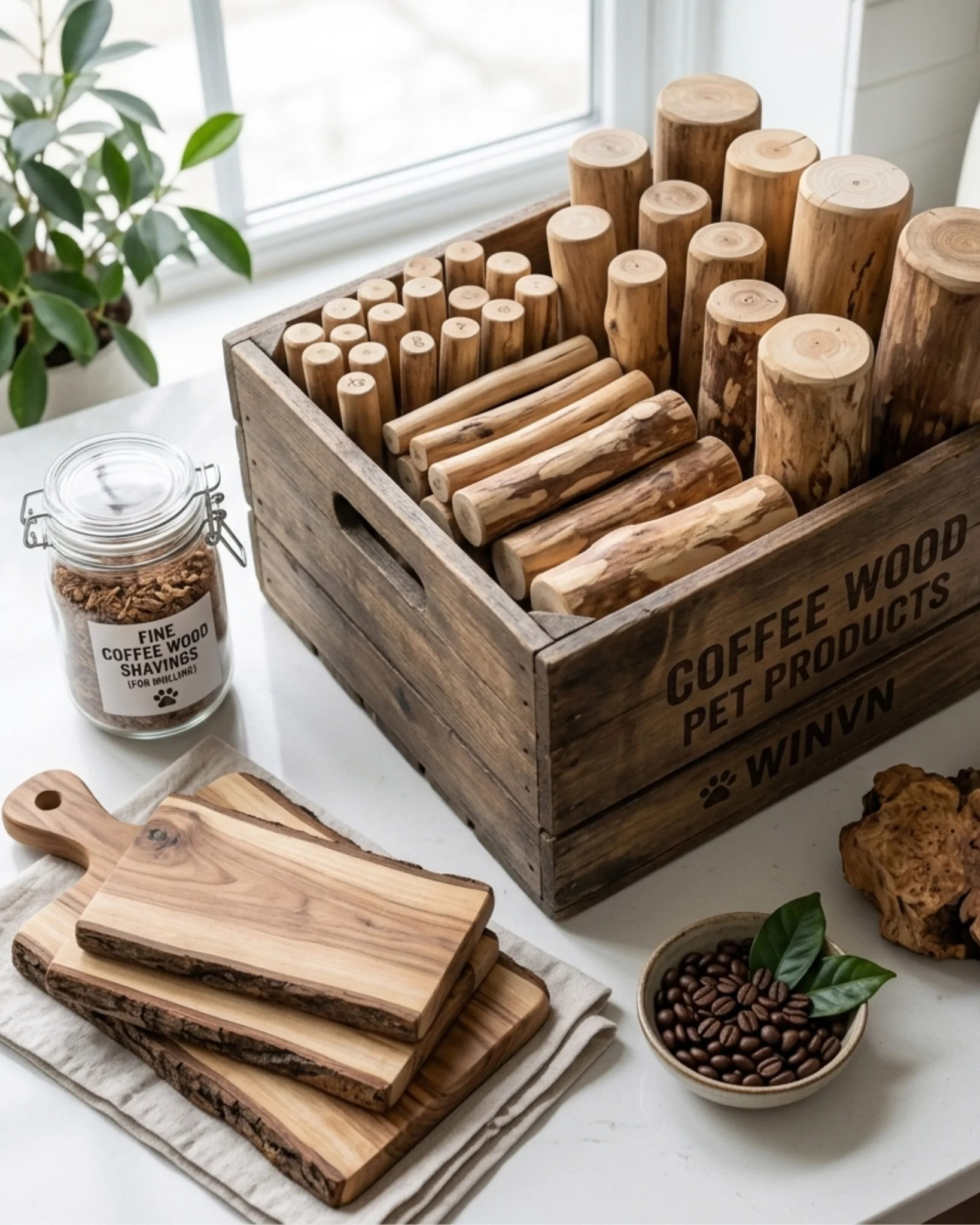A branded wooden display crate holding coffee wood chews in several sizes