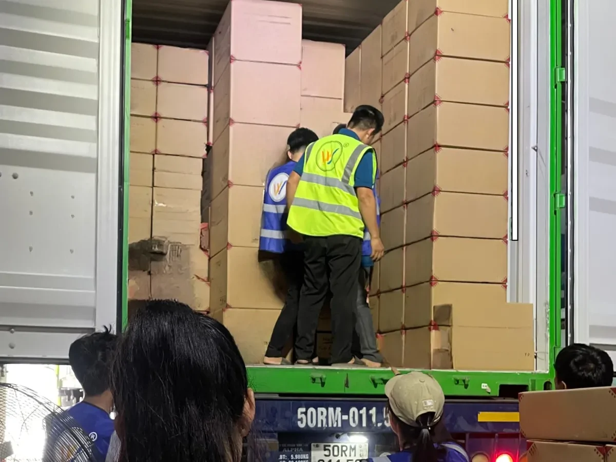 The WINVN INT team loading master cartons into an export container