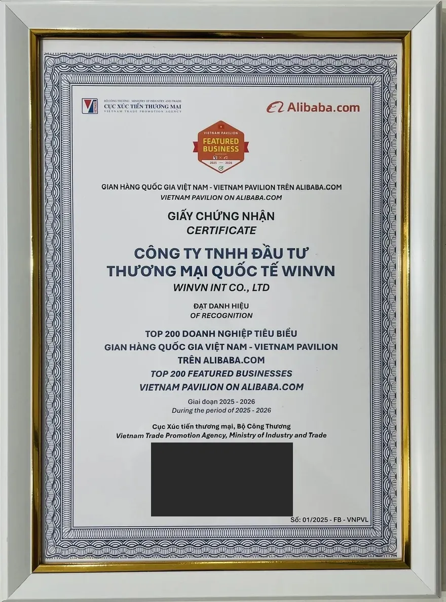 Certificate from the Vietnam Trade Promotion Agency naming WINVN INT CO., LTD a top 200 featured business in the Vietnam National Pavilion on Alibaba.com for 2025 to 2026